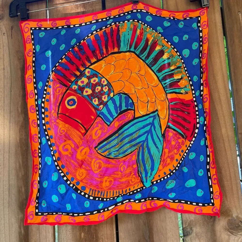 vintage 90s LAUREL BURCH FISH 100% silk Scarf 19